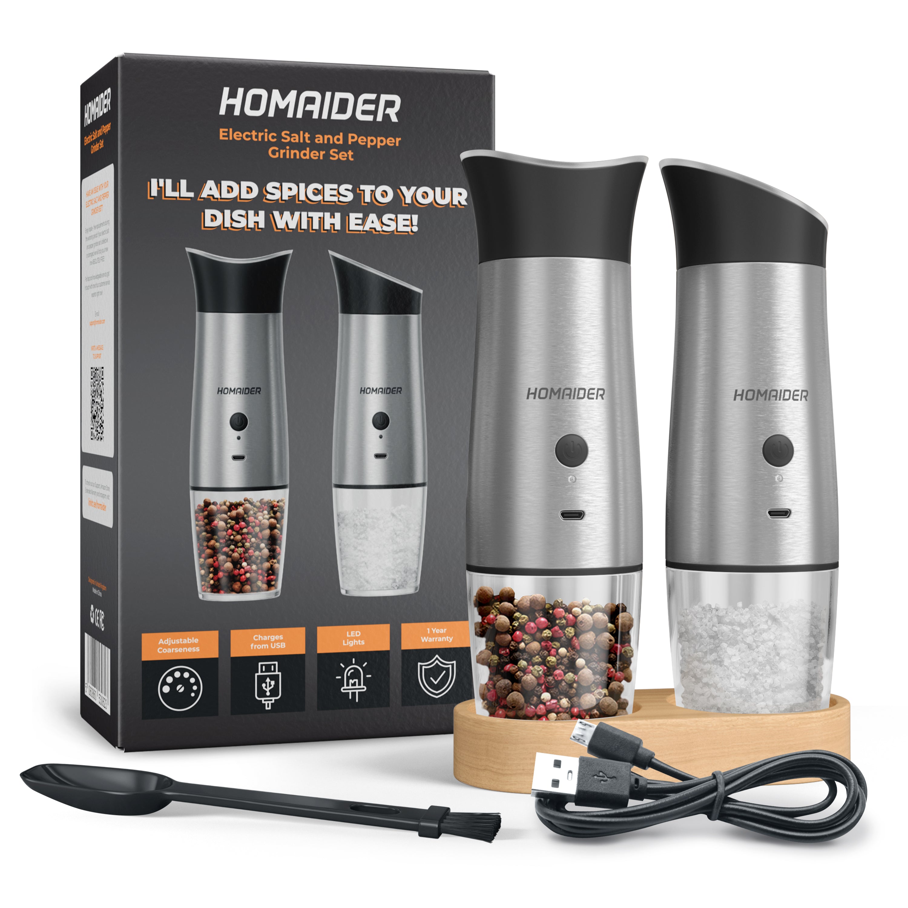 SIMPLETASTE Electric Salt and Pepper Grinder Set, Automatic One  Handed,Stainless Grinders with Lights and Adjustable Coarseness,Battery  Operated