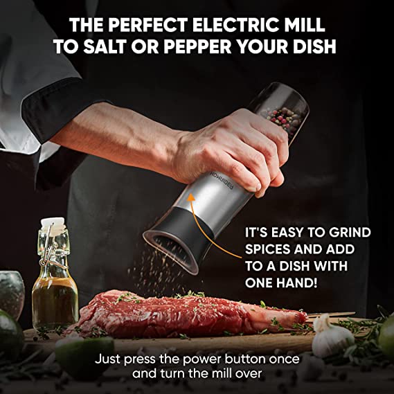 One Handed Push Button Electric Salt/Pepper Grinder Features A Removable  Stand - Battery Operated Stainless Steel Spice Mills with Light 