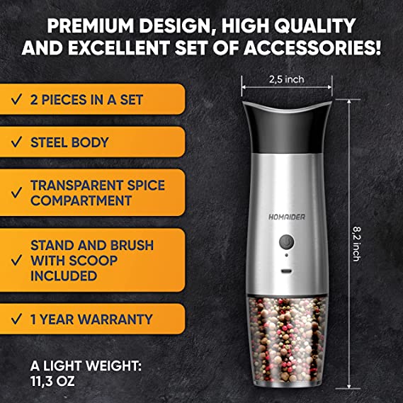 SIMPLETASTE Electric Salt Pepper Grinder Set One Hand Stainless Battery  Operated