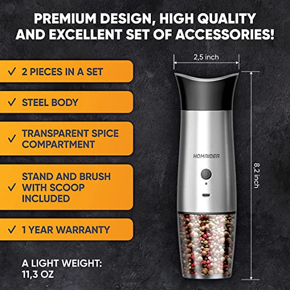Simpletaste Electric Salt and Pepper Grinder Set, Automatic One Handed,Stainless Grinders with Lights and Adjustable Coarseness,Battery Operated